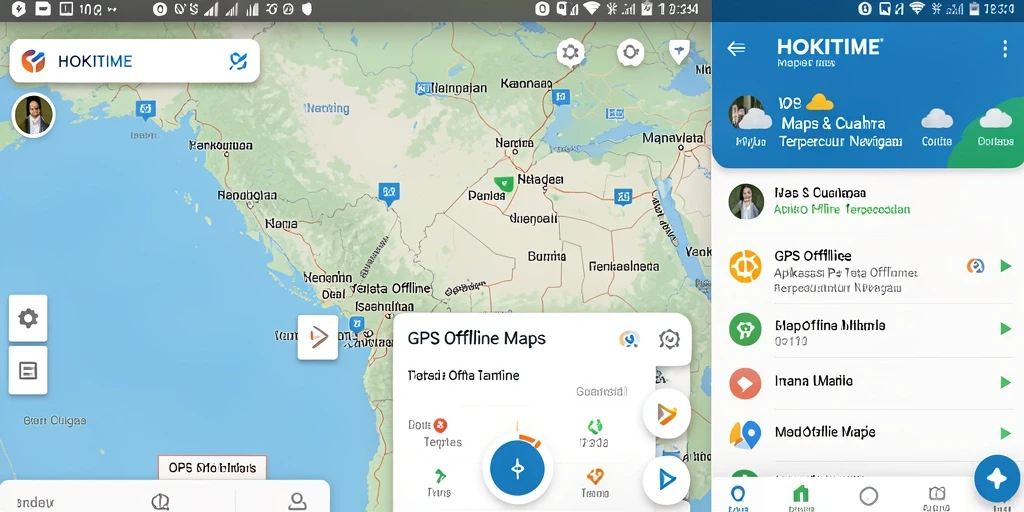 Tampilan antarmuka pengguna HOKITIME dengan fungsi peta offline yang interaktif.