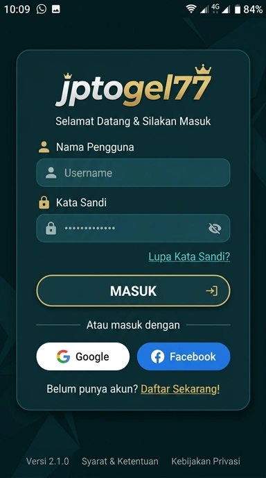 Tampilan halaman login jptogel77